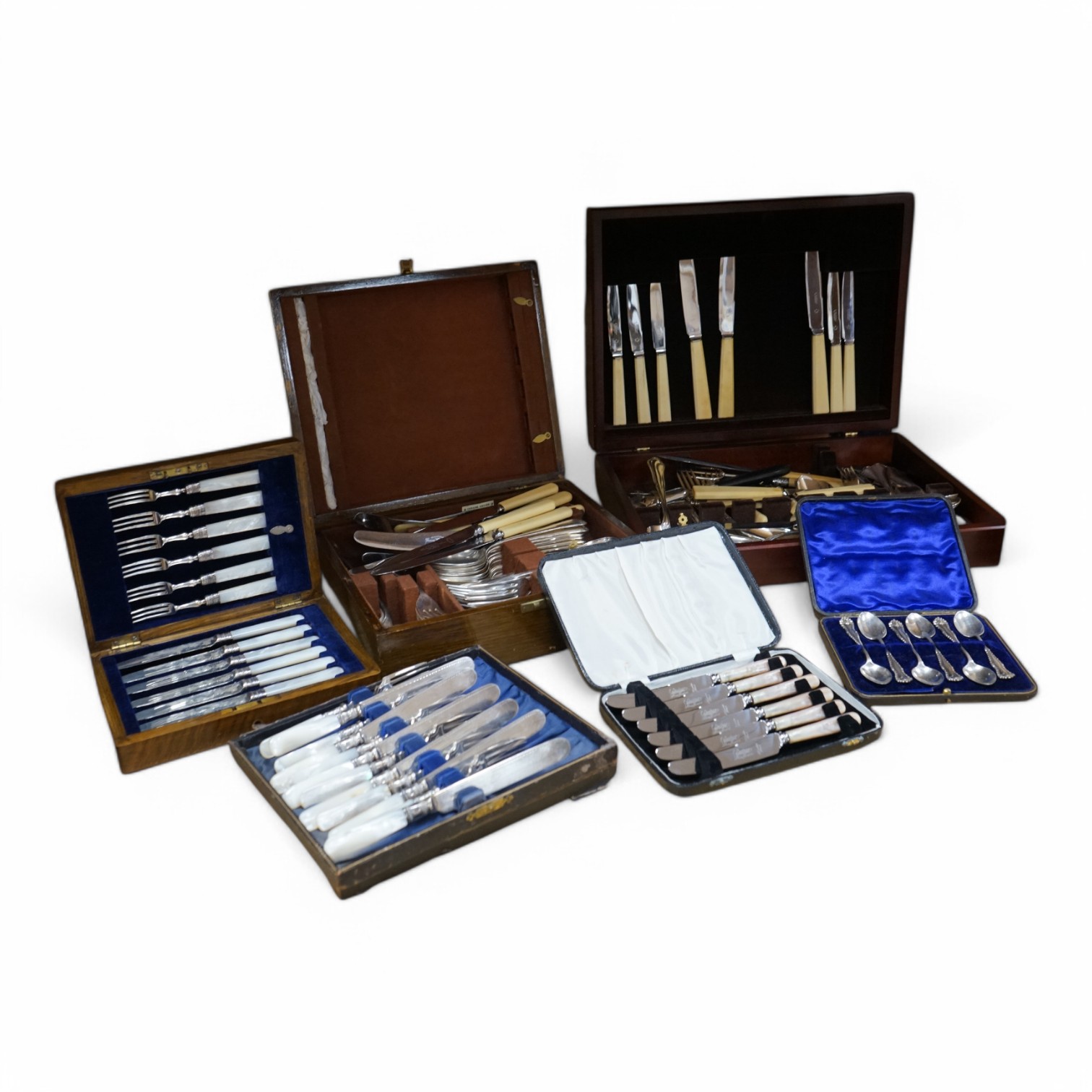 A group of assorted cased plated flatware and a cased set of six Edwardian silver teaspoons by Charles Wilkes, Birmingham, 1904. Condition - fair